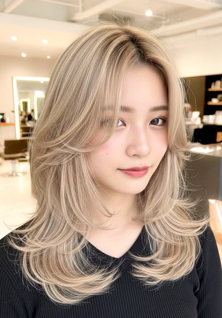 Woman with long, layered ash-blonde hair in a salon setting, wearing a black top and subtle makeup.