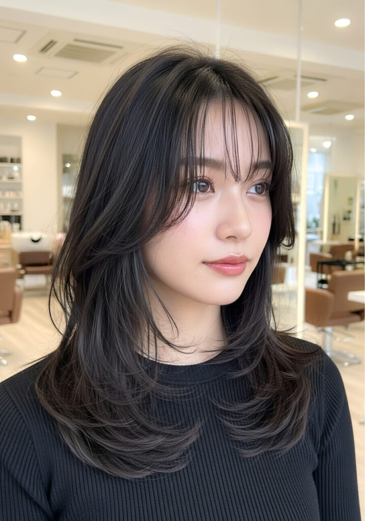 Portrait of a young Asian woman with shoulder-length black hair and soft waves, bangs, wearing a black ribbed top in a bright salon.