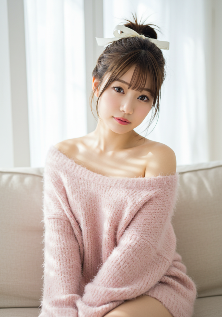 Young woman seated on a beige sofa in a pink fuzzy off-shoulder sweater, looking at the camera.