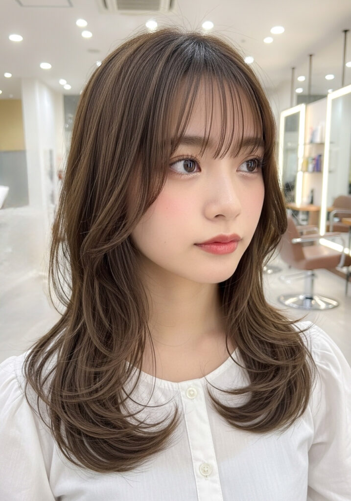 Young woman with light makeup and brown layered hair with bangs sits in a bright modern hair salon.