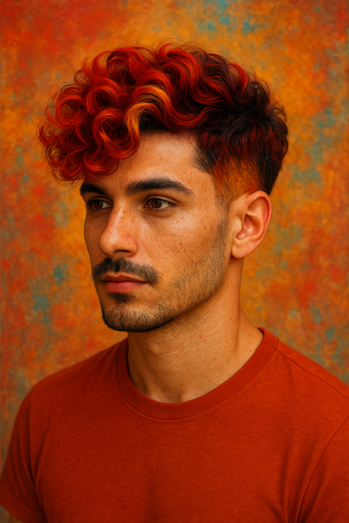 Young man with vibrant red curly hair and a short fade, wearing an orange shirt against a warm orange background.