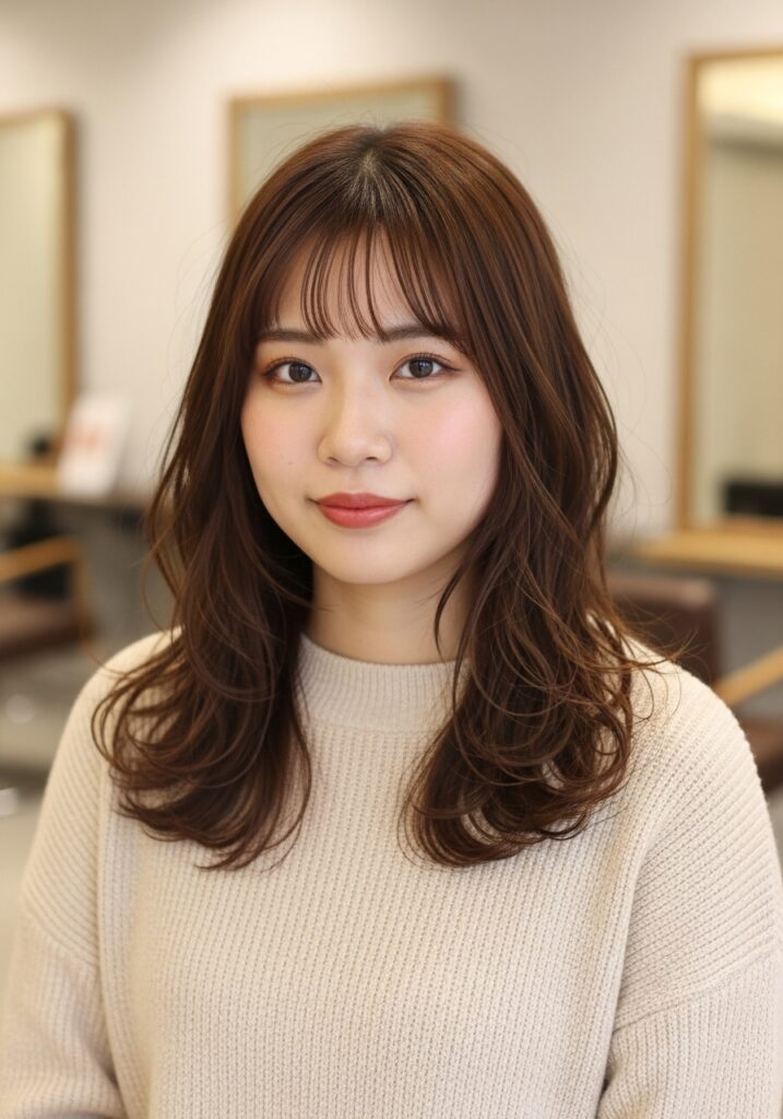 Portrait of a young woman with shoulder-length wavy brown hair and bangs, wearing a beige knit sweater, smiling at the camera in a softly lit room.