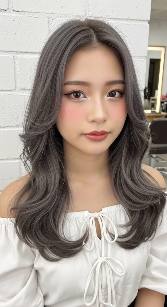 Young woman with silver-gray hair in soft waves, wearing an off-shoulder white blouse with ties, subtle pink makeup and natural smile.