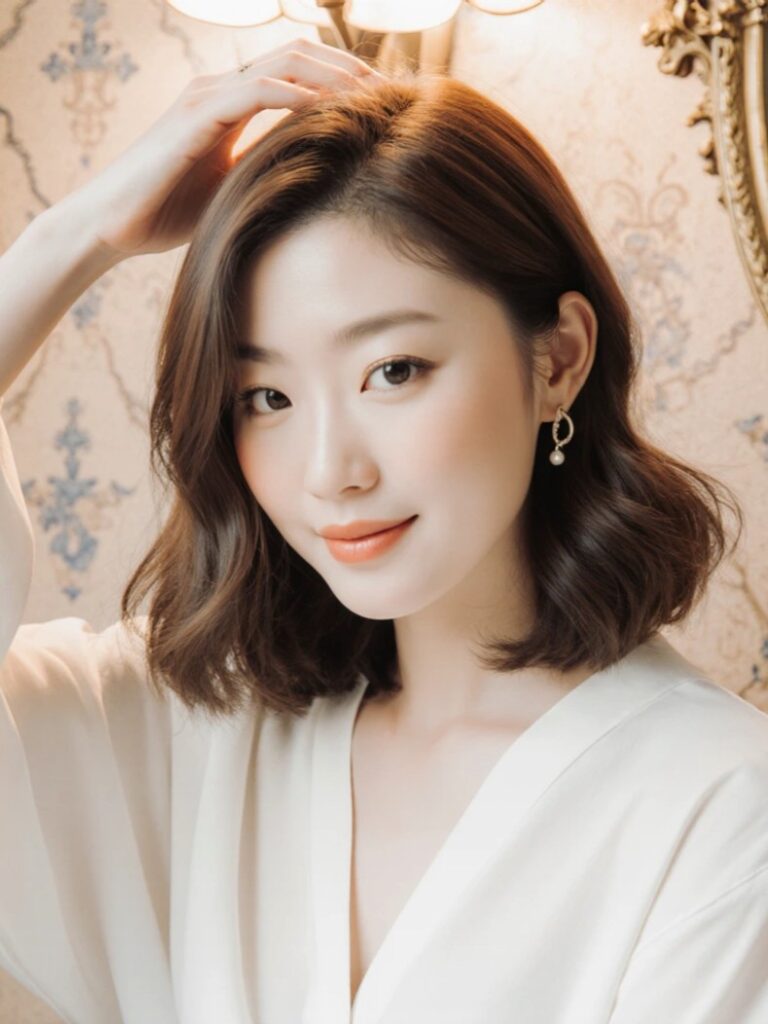 Portrait of a woman with shoulder-length wavy brown hair, wearing a white blouse and pearl earrings, smiling softly in an elegant room.