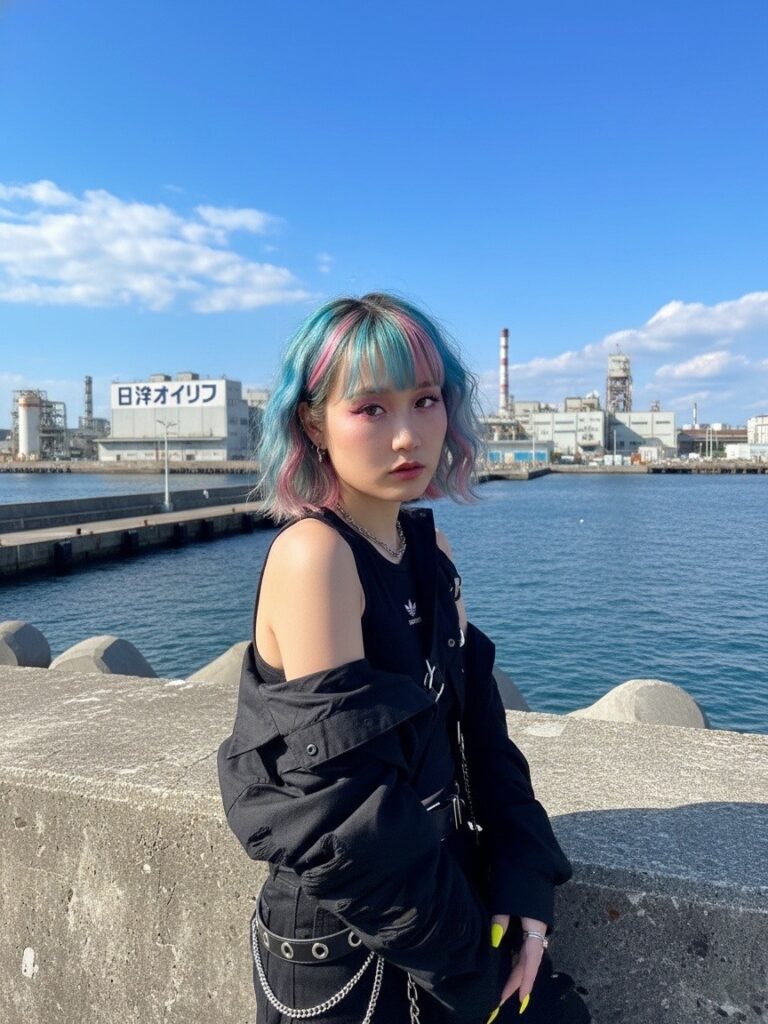 Person with pastel blue-pink hair in a black outfit posing at a harbor against a bright blue sky and industrial buildings in the background
