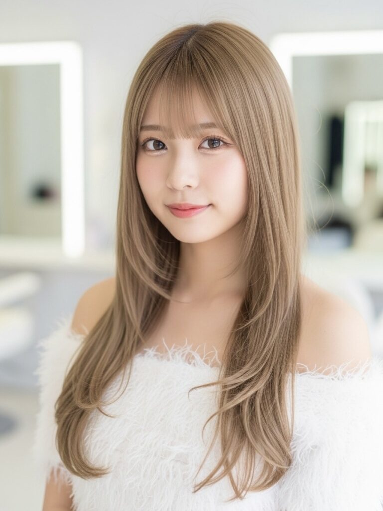 Portrait of a young woman with long light brown hair and bangs, wearing a white fuzzy off-shoulder top in a bright studio setting