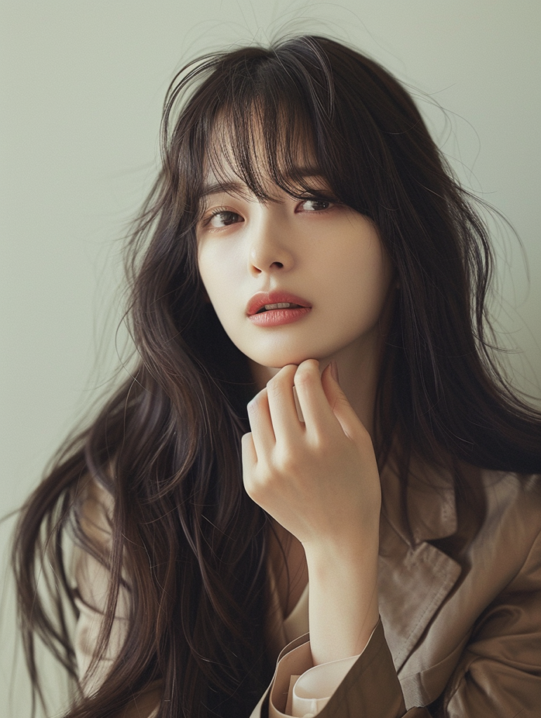 Young woman with long dark hair resting her chin on her hand, gazing softly at the camera in a beige trench coat.