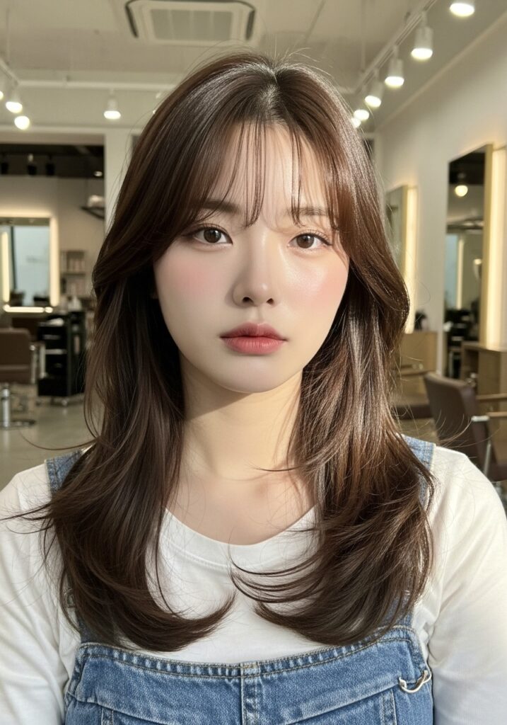 Portrait of a young woman with long brown hair and soft makeup in a bright hair salon, wearing a white shirt and denim overalls.