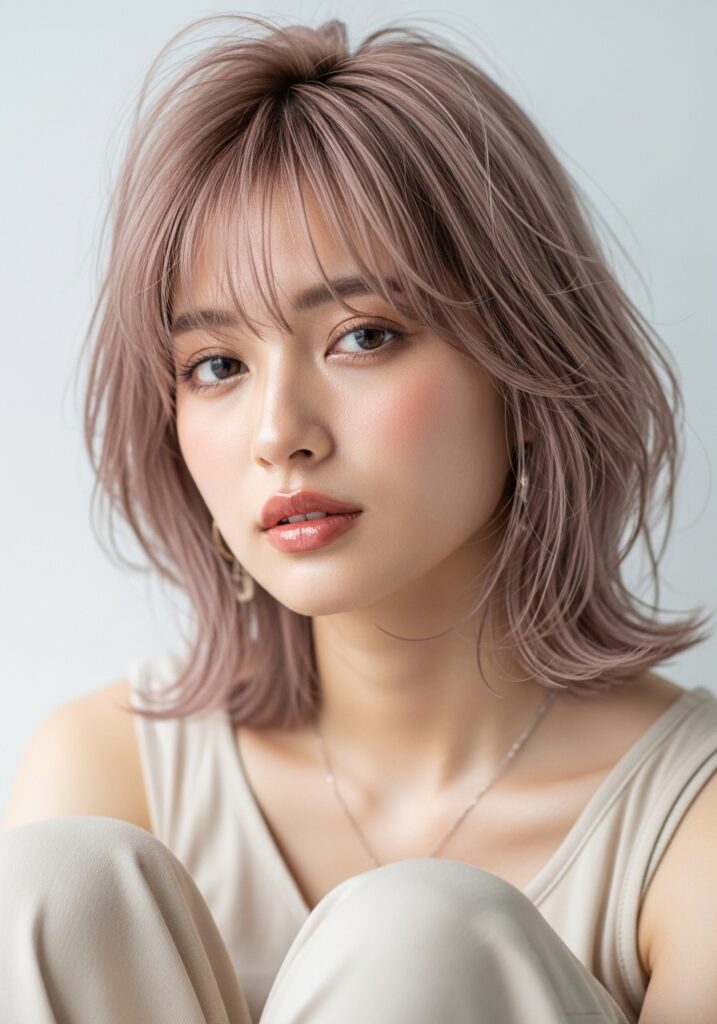 Portrait of a woman with pastel pink hair and soft makeup, looking at the camera, wearing a beige top and a delicate necklace