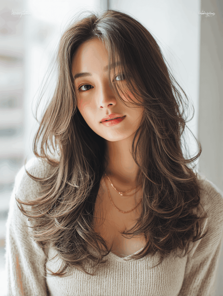 Close-up portrait of a young woman with long, wavy brown hair wearing a beige knit sweater, lit by soft window light