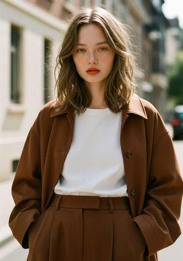 Young woman standing on a city street, wearing a brown coat over a white tee, hands in pockets, neutral expression.
