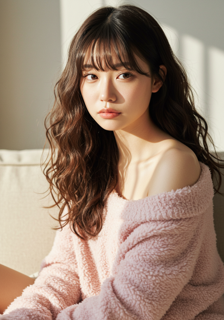 Portrait of a woman with wavy hair in a soft pink, off-shoulder knit sweater, bathed in warm sunlight on a neutral background